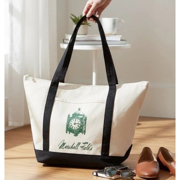 Marshall Field’s Large Zip Closure Canvas Tote Outside Pocket and Gift Tag. NWT